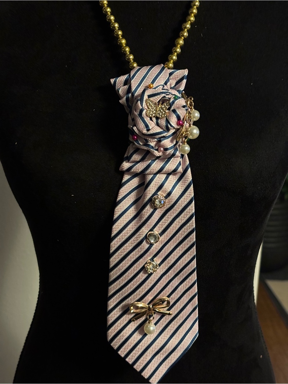 Striped Pink and Navy Statement Necklace Tie Pendant